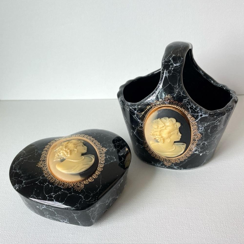 Vintage Black Marbled Cameo Vanity Set - Heart Trinket Box and Handled Basket